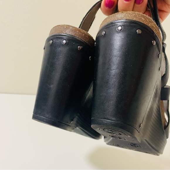 Dansko Felicia Black Leather Open Toe Strappy Hook Loop Studded Wedge - Picture 5 of 9